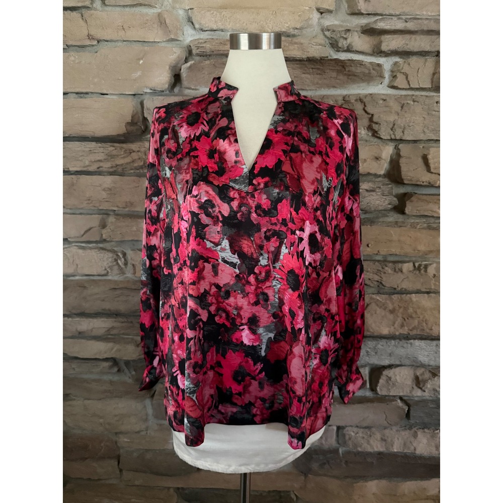 Nic+Zoe Pink Red Abstract Floral Print Split Neck Satin Blouse Large Long Sleeve